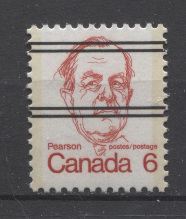 Canada #591xxiii (SG#698) 6c Scarlet Pearson 1972-1978 Caricature Issue Precancel HF Paper Type 5 F-70 NH Brixton Chrome 