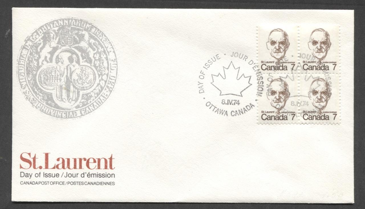 Canada #592 (SG#699) 7c Deep Brown St. Laurent 1972-1978 Caricature Issue DF Paper Block On FDC SUP-98 Brixton Chrome 