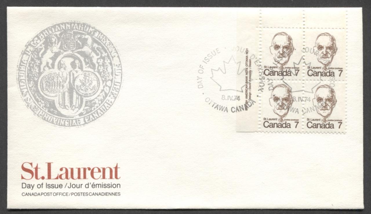 Canada #592 (SG#699) 7c Deep Brown St. Laurent 1972-1978 Caricature Issue DF Paper UL Block On FDC SUP-98 Brixton Chrome 