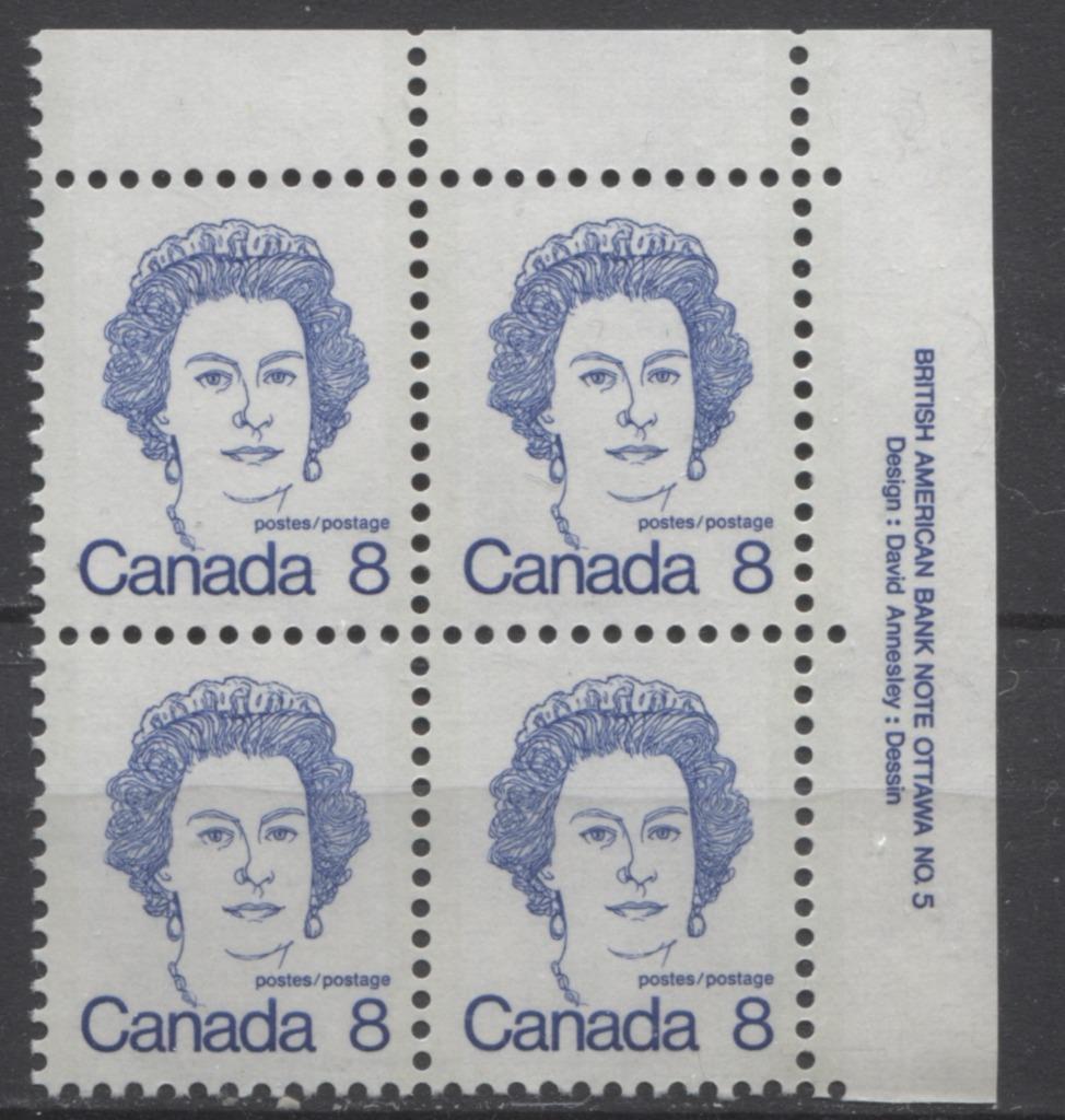Canada #593 (SG#700) 8c Ultramarine Queen Elizabeth II 1972-1978 Caricature Issue Plate 5 UR NF Paper Type 3 VF-75 NH Brixton Chrome 
