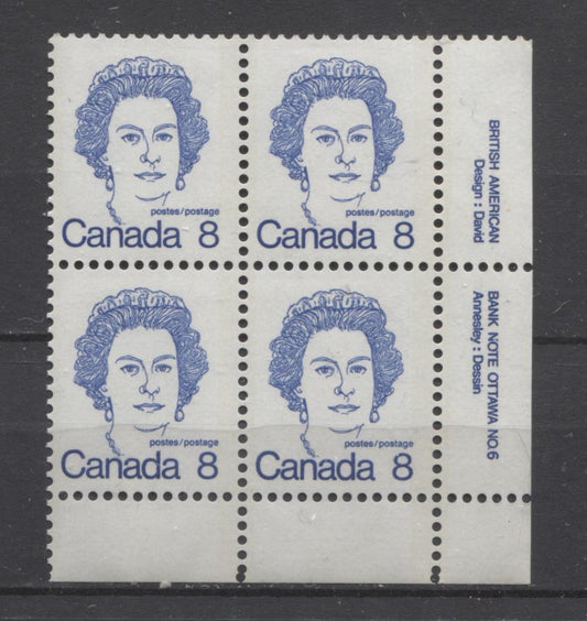 Canada #593b (SG#700a) 8c Ultramarine Queen Elizabeth II 1972-1978 Caricature Issue Plate 6 LL NF Paper Type 1 VF-75 NH Brixton Chrome 