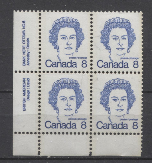 Canada #593b (SG#700a) 8c Ultramarine Queen Elizabeth II 1972-1978 Caricature Issue Plate 6 LL NF Paper Type 1 VF-80 NH Brixton Chrome 