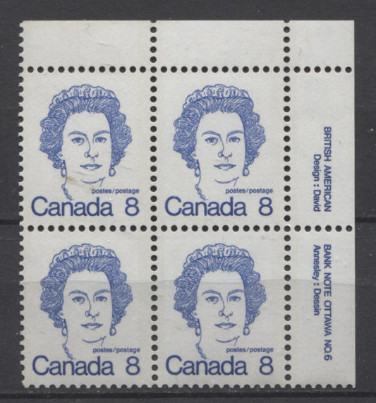 Canada #593b (SG#700a) 8c Ultramarine Queen Elizabeth II 1972-1978 Caricature Issue Plate 6 UR NF Paper Type 1 VF-75 NH Brixton Chrome 