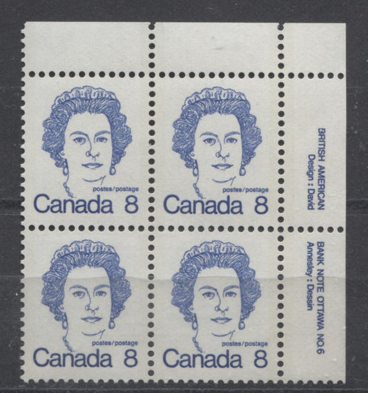 Canada #593b (SG#700a) 8c Ultramarine Queen Elizabeth II 1972-1978 Caricature Issue Plate 6 UR NF Paper Type 1 VF-80 NH Brixton Chrome 