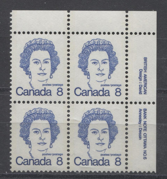 Canada #593b (SG#700a) 8c Ultramarine Queen Elizabeth II 1972-1978 Caricature Issue Plate 6 UR NF Paper Type 1 VF-84 NH Brixton Chrome 
