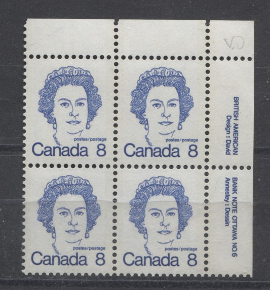 Canada #593b (SG#700a) 8c Ultramarine Queen Elizabeth II 1972-1978 Caricature Issue Plate 6 UR NF Paper Type 1 VF-84 NH Brixton Chrome 