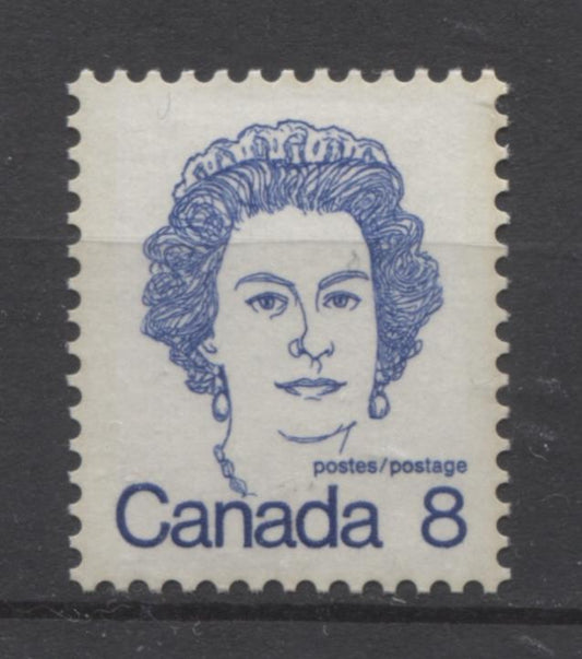 Canada #593bi (SG#700a) 8c Ultramarine Queen Elizabeth II 1972-1978 Caricature Issue P. 13 x 13.3 DF Paper Type 2 VF-84 NH Brixton Chrome 