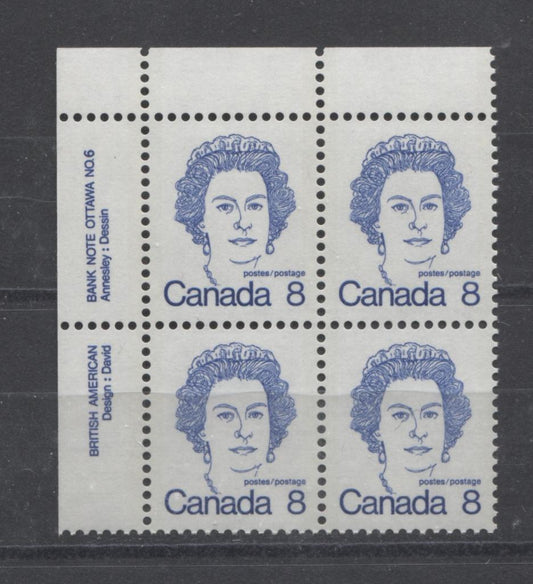 Canada #593bi (SG#700a) 8c Ultramarine Queen Elizabeth II 1972-1978 Caricature Issue Plate 6 UL DF Paper Type 2 VF-84 NH Brixton Chrome 