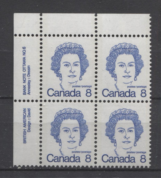 Canada #593bi (SG#700a) 8c Ultramarine Queen Elizabeth II 1972-1978 Caricature Issue Plate 6 UL DF Paper Type 3 VF-75 NH Brixton Chrome 