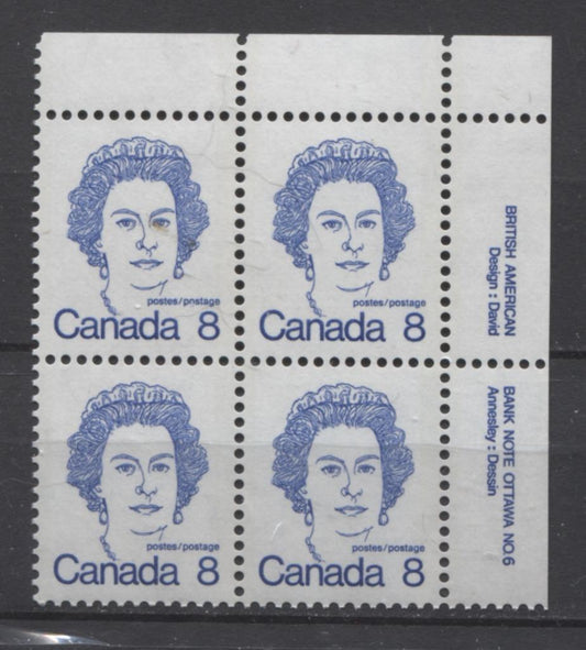 Canada #593bi (SG#700a) 8c Ultramarine Queen Elizabeth II 1972-1978 Caricature Issue Plate 6 UR DF Paper Type 2 VF-84 NH Brixton Chrome 