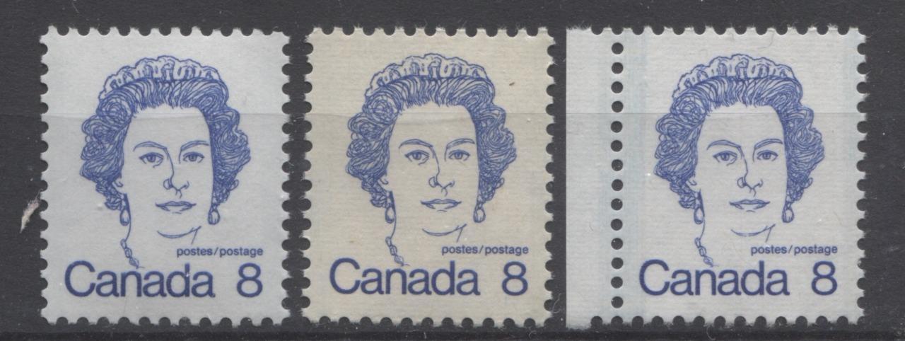 Canada #593i, ii, iv (SG#700) 8c Ultramarine Queen Elizabeth II 1972-1978 Caricature Issue 3 Different Papers VF-80 NH Brixton Chrome 