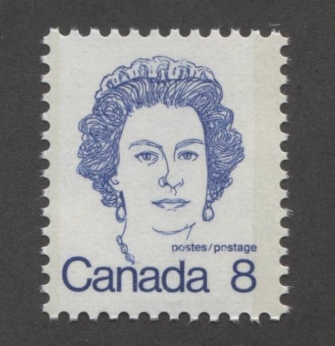 Canada #593iii (SG#700) 8c Ultramarine Queen Elizabeth II 1972-1978 Caricature Issue LF Paper Type 4 Short "D" F-70 NH Brixton Chrome 