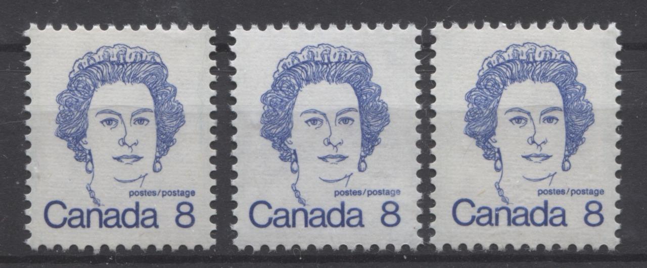 Canada #593ii,iv (SG#700) 8c Ultramarine Queen Elizabeth II 1972-1978 Caricature Issue DF, & LF Ribbed Paper Types 2, 2 & 4 VF-75 NH Brixton Chrome 