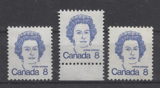 Canada #593ii,iv,ix (SG#700) 8c Ultramarine Queen Elizabeth II 1972-1978 Caricature Issue DF, LF & HF Paper Types 1, 7 & 7 VF-75 NH Brixton Chrome 