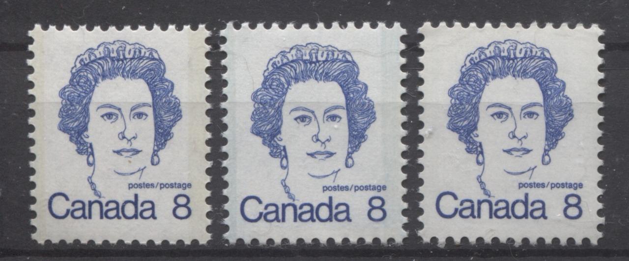 Canada #593iii,v,ix (SG#700) 8c Ultramarine Queen Elizabeth II 1972-1978 Caricature Issue LF, MF & HF Types 3, 2 & 1 VF-75 NH Brixton Chrome 
