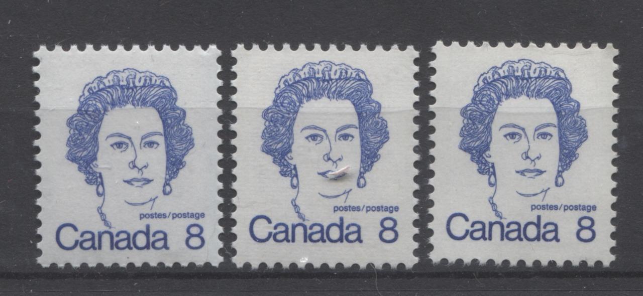 Canada #593i,iv,ix (SG#700) 8c Ultramarine Queen Elizabeth II 1972-1978 Caricature Issue DF, LF & HF Paper Types 3, 2 & 5 VF-75 NH Brixton Chrome 
