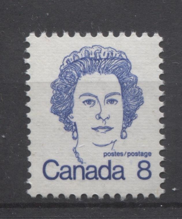 Canada #593iv (SG#700) 8c Ultramarine Queen Elizabeth II 1972-1978 Caricature Issue LF Ribbed Paper Extra Tag Streak F-70 NH Brixton Chrome 