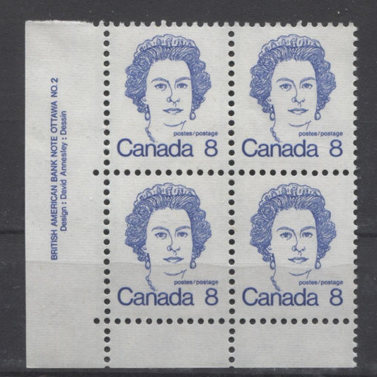 Canada #593iv (SG#700) 8c Ultramarine Queen Elizabeth II 1972-1978 Caricature Issue Plate 2 LL LF Ribbed Paper Type 3 VF-75 NH Brixton Chrome 