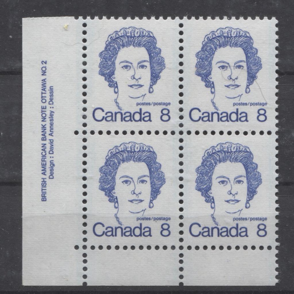Canada #593iv (SG#700) 8c Ultramarine Queen Elizabeth II 1972-1978 Caricature Issue Plate 2 LL LF Ribbed Paper Type 4 VF-75 NH Brixton Chrome 