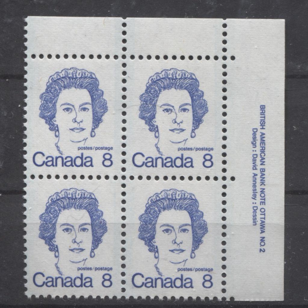 Canada #593iv (SG#700) 8c Ultramarine Queen Elizabeth II 1972-1978 Caricature Issue Plate 2 UR LF Rib Paper Type 4 VF-80 NH Brixton Chrome 