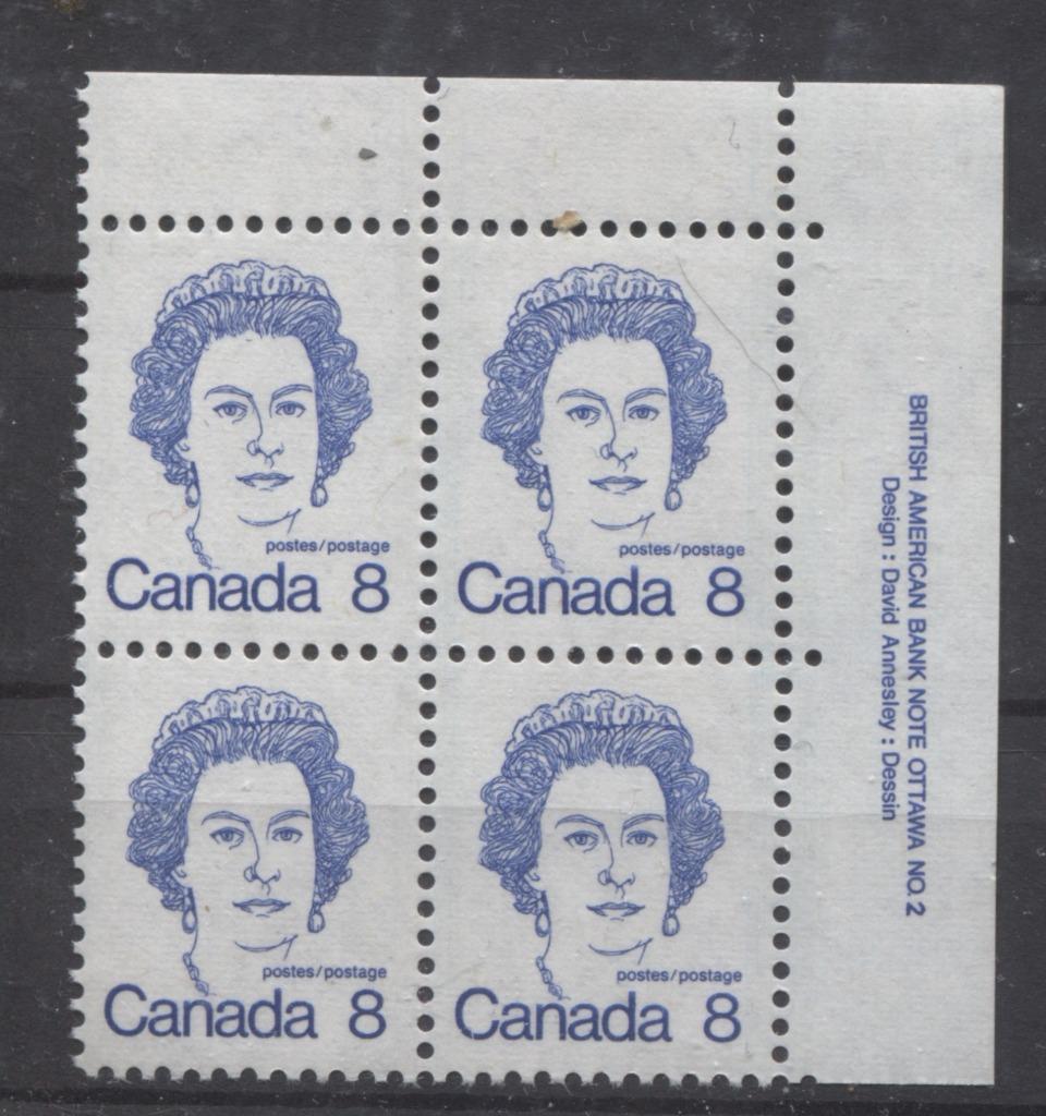 Canada #593iv (SG#700) 8c Ultramarine Queen Elizabeth II 1972-1978 Caricature Issue Plate 2 UR LF Ribbed Paper Type 2 VF-80 NH Brixton Chrome 
