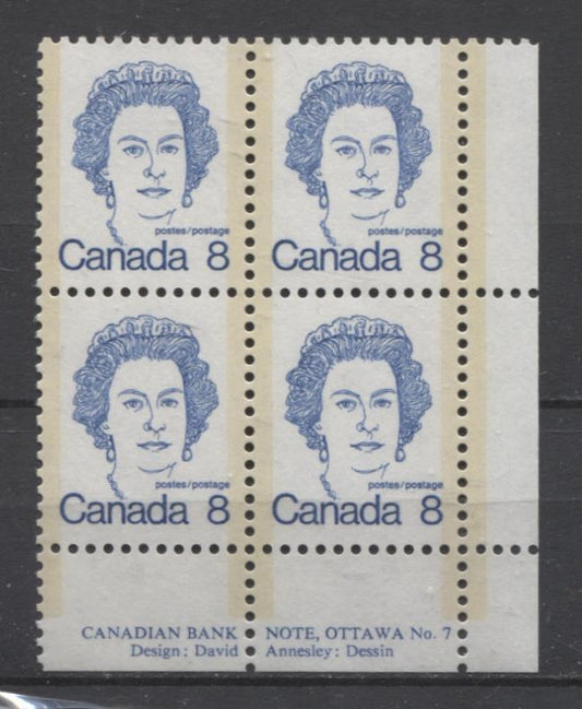 Canada #593vii (SG#700) 8c Deep Blue Queen Elizabeth II 1972-1978 Caricature Issue Plate 7 LR NF Paper Type 1 VF-84 NH Brixton Chrome 