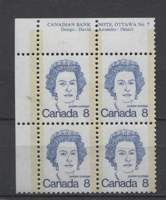 Canada #593vii (SG#700) 8c Deep Blue Queen Elizabeth II 1972-1978 Caricature Issue Plate 7 UL NF Paper Type 1 VF-75 NH Brixton Chrome 