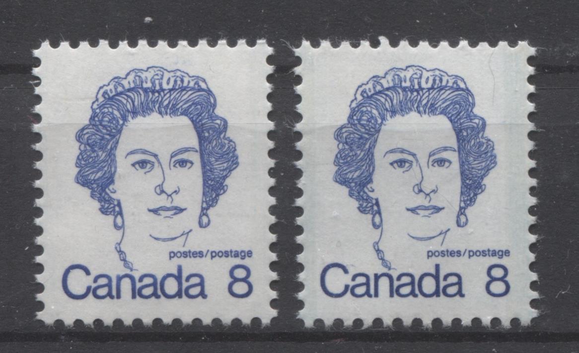Canada #593v,ix (SG#700) 8c Ultramarine Queen Elizabeth II 1972-1978 Caricature Issue MF/LF & HF Paper Types 2 & 1 VF-80 NH Brixton Chrome 
