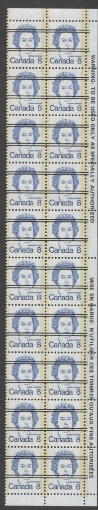 Canada #593xx (SG#700) 8c Deep Blue Queen Elizabeth II 1972-1978 Caricature Issue Precancel Warning Strip Paper Type 11 F-70 NH Brixton Chrome 