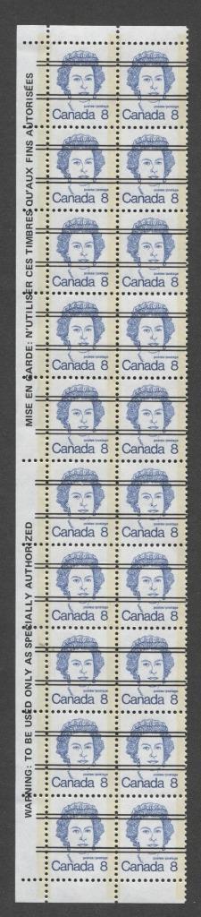 Canada #593xx (SG#700) 8c Deep Blue Queen Elizabeth II 1972-1978 Caricature Issue Precancel Warning Strip Paper Type 8 F-70 NH Brixton Chrome 