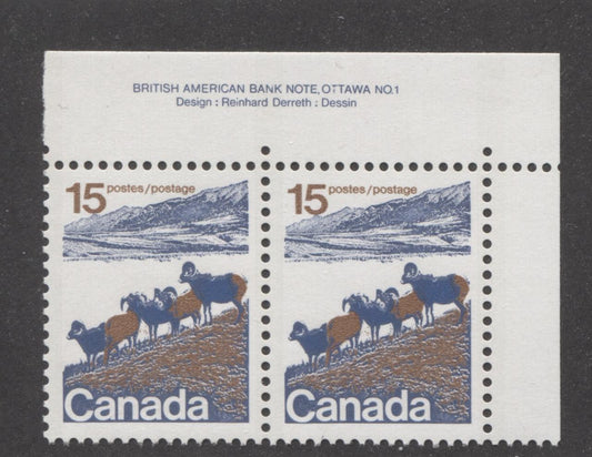 Canada #595 (SG#703) 15c Mountain Sheep 1972-1978 Caricature Issue Type 1, OP-4 Tag, Paper Type 8 Plate 1 UR Pair VF-80 NH Brixton Chrome 