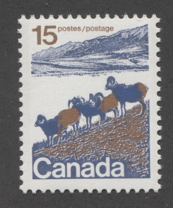 Canada #595 (SG#703) 15c Mountain Sheep 1972-1978 Caricature Issue Type 1, OP-4 Tag, Unlisted Blue Tail Variety VF-75 NH Brixton Chrome 