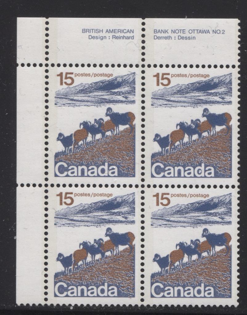 Canada #595a (SG#703b) 15c Mountain Sheep 1972-1978 Caricature Issue Type 2, Perf. 13.3, GT-2 OP-2 Tagging Paper Type 1 Plate 2 UL VF-75 NH Brixton Chrome 