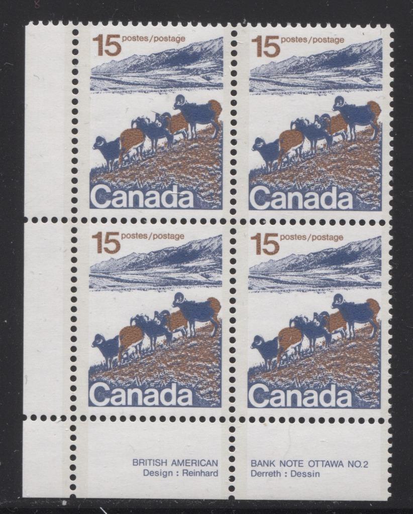 Canada #595aii (SG#703b) 15c Mountain Sheep 1972-1978 Caricature Issue Type 2, Plate 2 LL Raised Rump Variey LF/F Paper Type 2 F-70 NH Brixton Chrome 