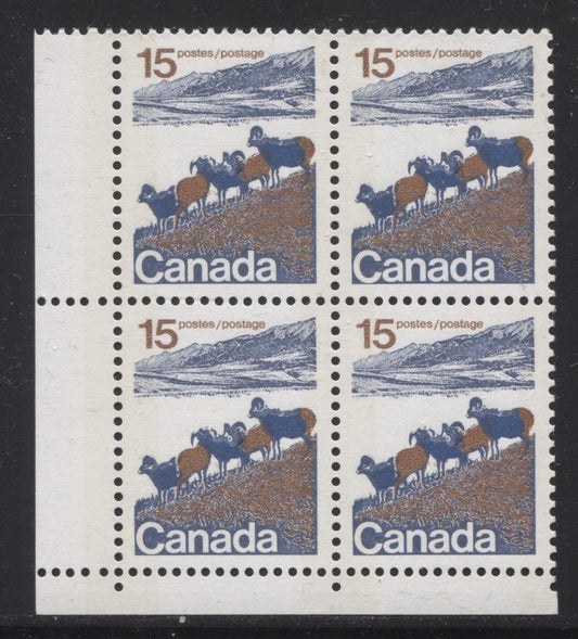 Canada #595iii (SG#703p) 15c Mountain Sheep 1972-1978 Caricature Issue Type 1, W2B Tagging, Paper Type 4 LL Block VF-80 NH Brixton Chrome 