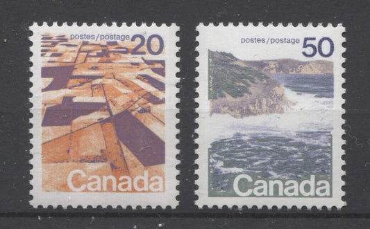 Canada #596 , 598 (SG#704, 706) 25c & 50c Prairies & Seashore 1972-1978 Caricature Issue GT-2 Migrated OP-4 Tagging, Ribbed Paper VF-75/84 NH Brixton Chrome 