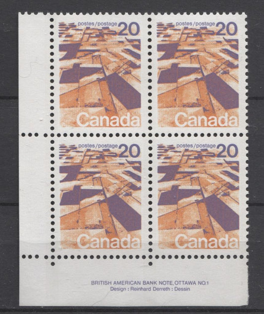 Canada #596 (SG#704) 20c Prairies 1972-1978 Caricature Issue GT-2 Migrated OP-4 Tagging Ribbed Paper Plate 1 LL VF-75 NH Brixton Chrome 