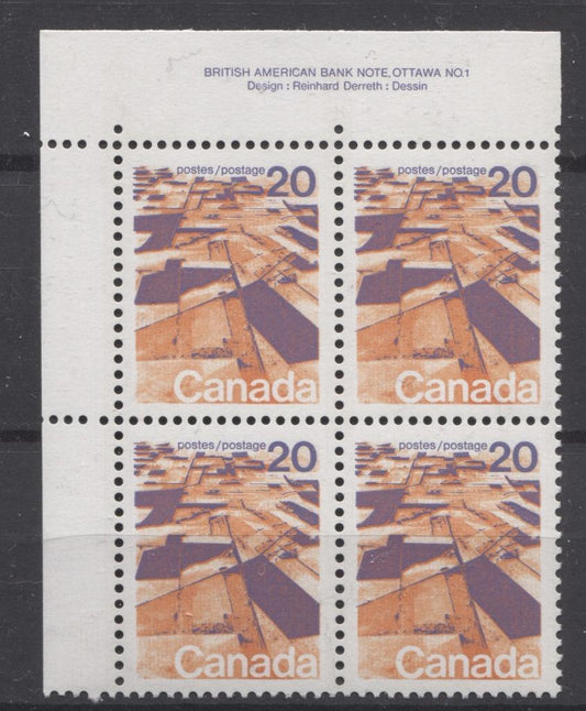 Canada #596 (SG#704) 20c Prairies 1972-1978 Caricature Issue GT-2 Migrated OP-4 Tagging, Ribbed Paper Plate 1 UL VF-75 NH Brixton Chrome 