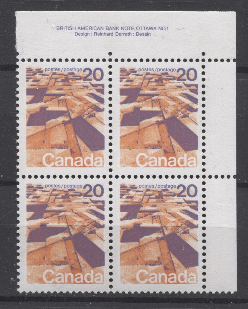 Canada #596 (SG#704) 20c Prairies 1972-1978 Caricature Issue GT-2 OP-4 Tagging Paper Type 11 Plate 1 UR F-70 NH Brixton Chrome 