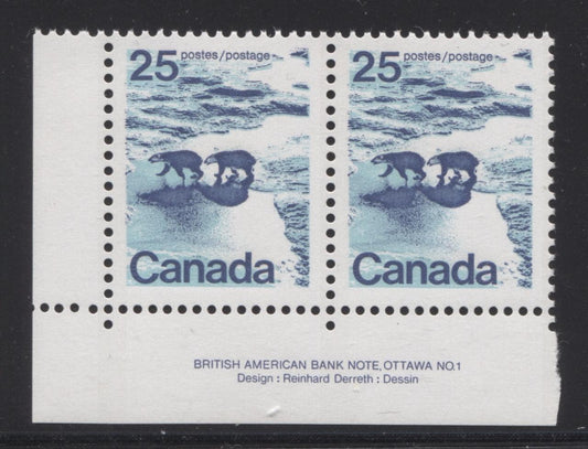 Canada #597 (SG#705) 25c Polar Bears 1972-1978 Caricature Issue GT-2 OP-4 Tagging Paper Type 6 Plate 1 LL Pair VF-75 NH Brixton Chrome 