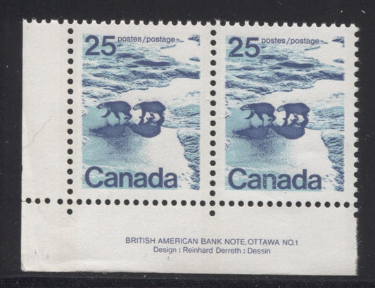 Canada #597 (SG#705) 25c Polar Bears 1972-1978 Caricature Issue GT-2 OP-4 Tagging Paper Type 7 Plate 1 LL Pair VF-84 NH Brixton Chrome 