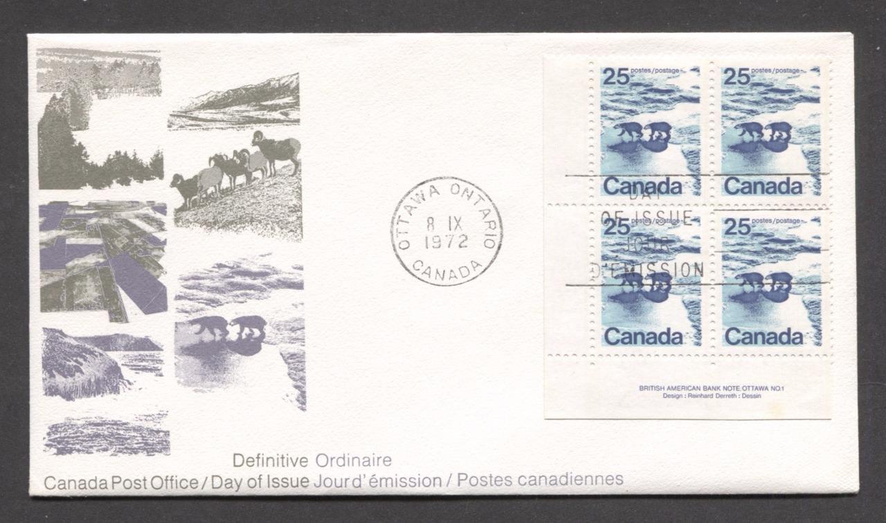 Canada #597 (SG#705) 25c Polar Bears 1972-1978 Caricature Issue Type 1 OP-4 LL Plate Block on FDC - SUP-97 Brixton Chrome 