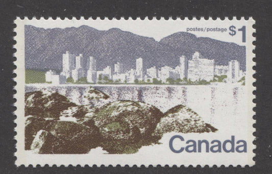 Canada #599iii (SG#709) $1 Vancouver 1972-1978 Caricature Issue Perf. 12.5 x 12 LF Paper Type 10 VF-80 NH Brixton Chrome 