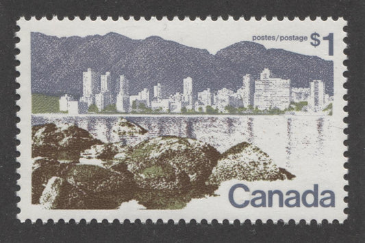 Canada #599iii (SG#709) $1 Vancouver 1972-1978 Caricature Issue Perf. 12.5 x 12 LF Paper Type 3 VF-80 NH Brixton Chrome 