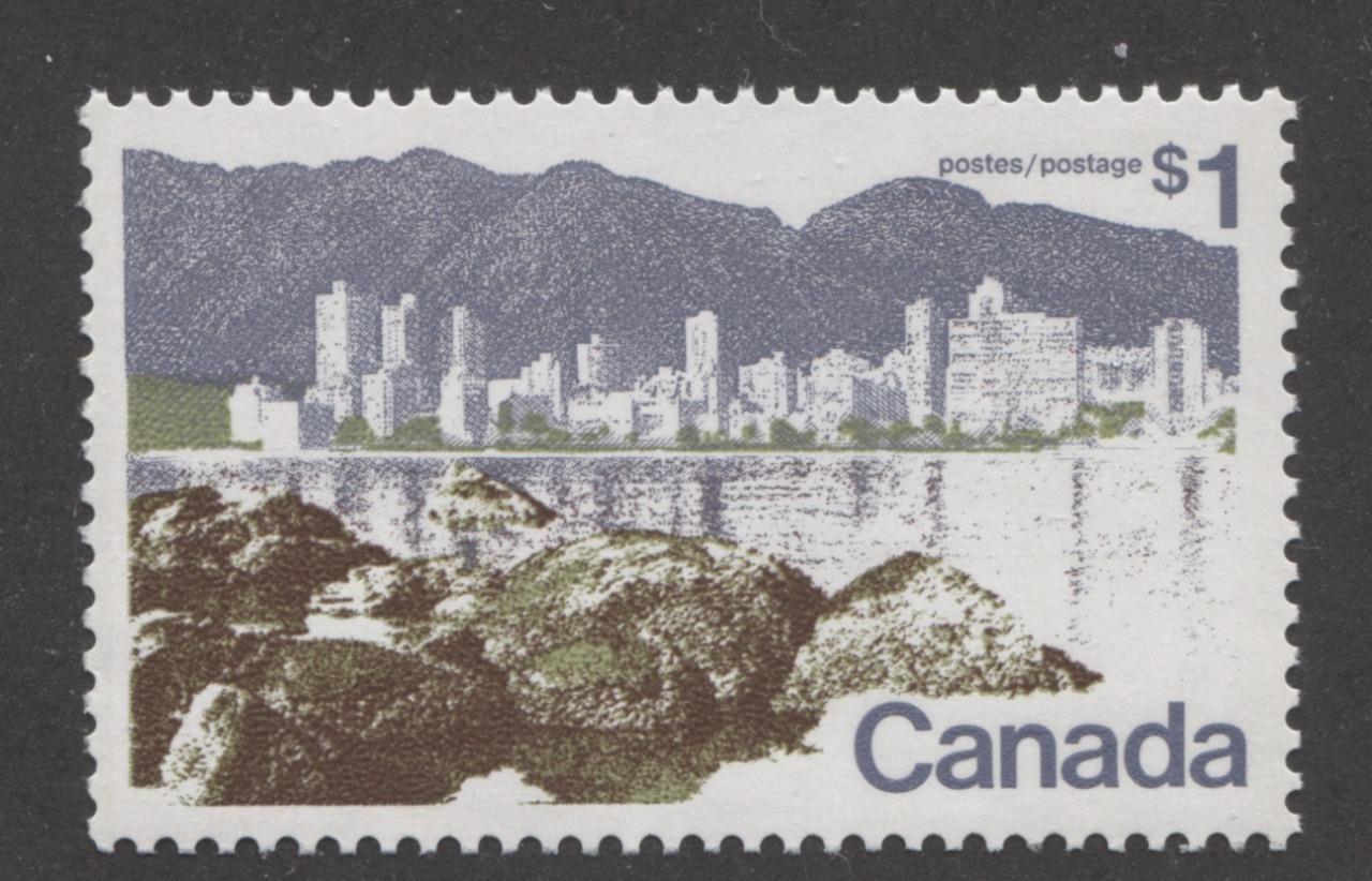 Canada #599iii (SG#709) $1 Vancouver 1972-1978 Caricature Issue Perf. 12.5 x 12 LF Paper Type 4 F-70 NH Brixton Chrome 