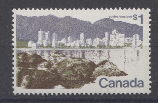 Canada #599iii (SG#709) $1 Vancouver 1972-1978 Caricature Issue Perf. 12.5 x 12 LF Paper Type 5 F-70 NH Brixton Chrome 