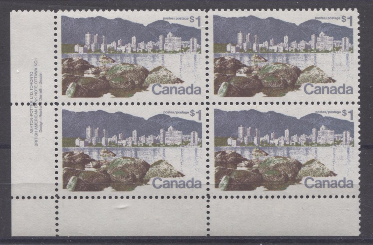 Canada #600 (SG#707) $1 Vancouver 1972-1978 Caricature Issue Paper Type 5 Plate 1 LL VF-75 NH Brixton Chrome 