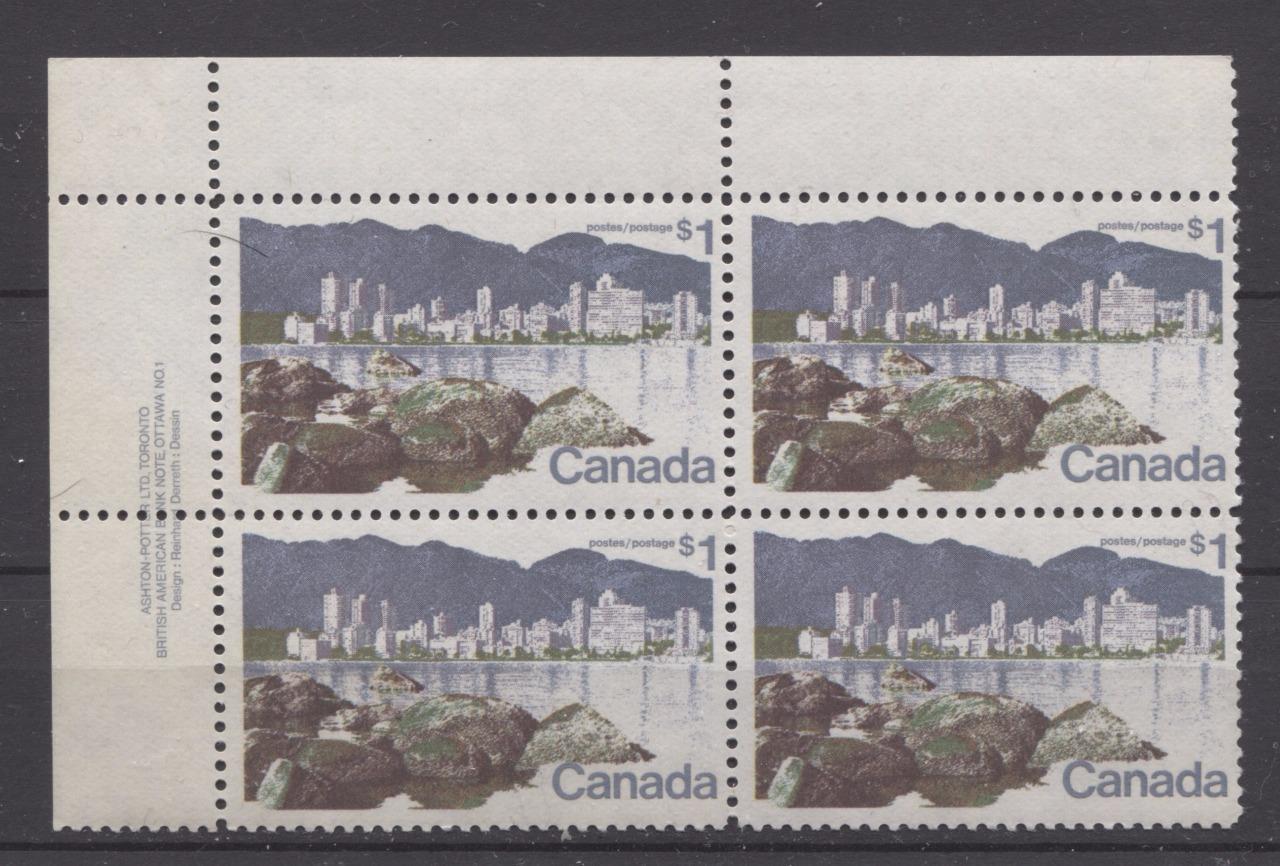 Canada #600 (SG#707) $1 Vancouver 1972-1978 Caricature Issue Paper Type 5 Plate 1 UL F-70 NH Brixton Chrome 