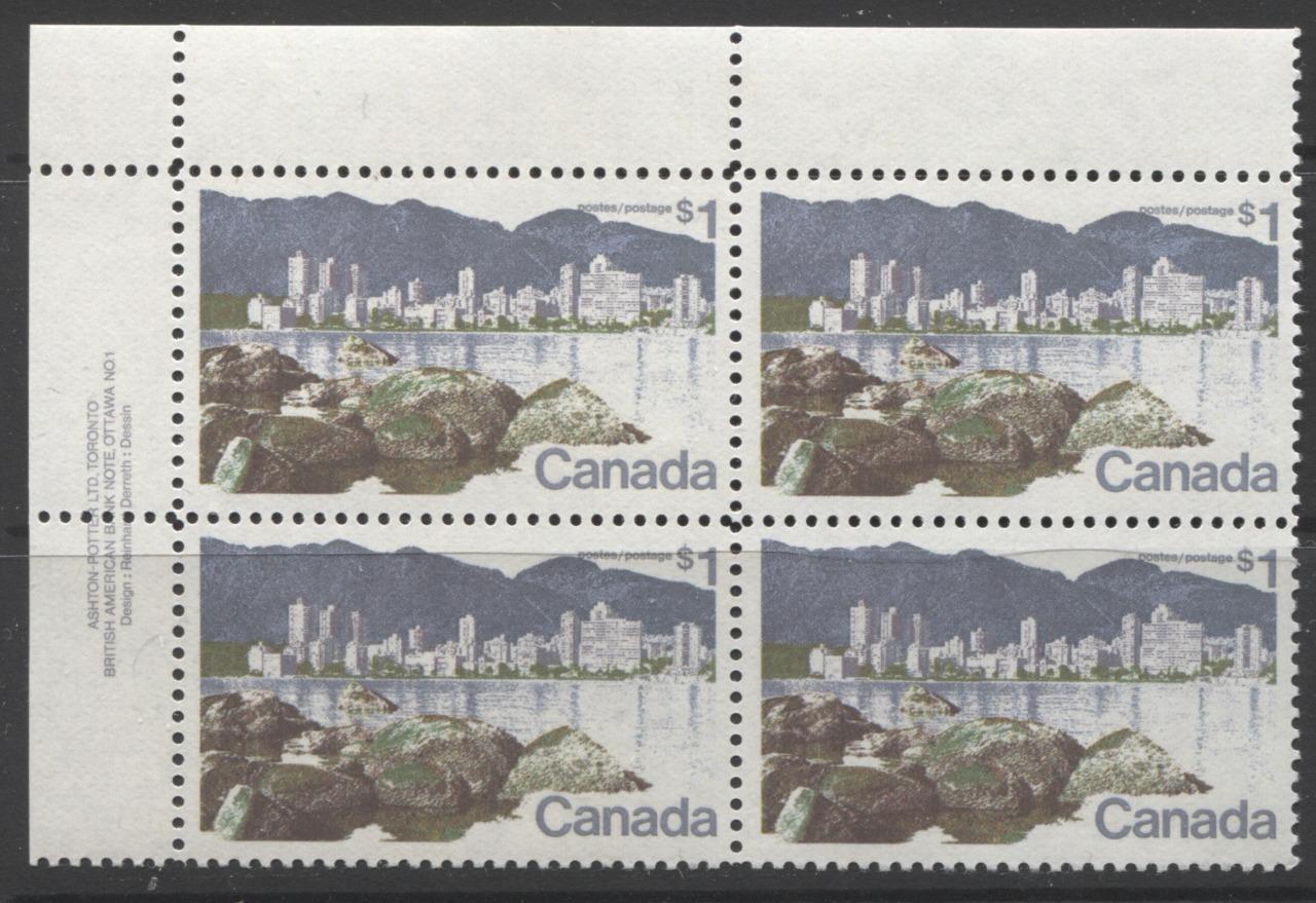 Canada #600 (SG#707) $1 Vancouver 1972-1978 Caricature Issue Paper Type 5 Plate 1 UL VF-75 NH Brixton Chrome 