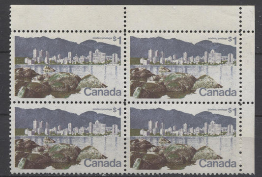 Canada #600 (SG#707) $1 Vancouver 1972-1978 Caricature Issue Paper Type 6 Blank UR Block VF-80 NH Brixton Chrome 